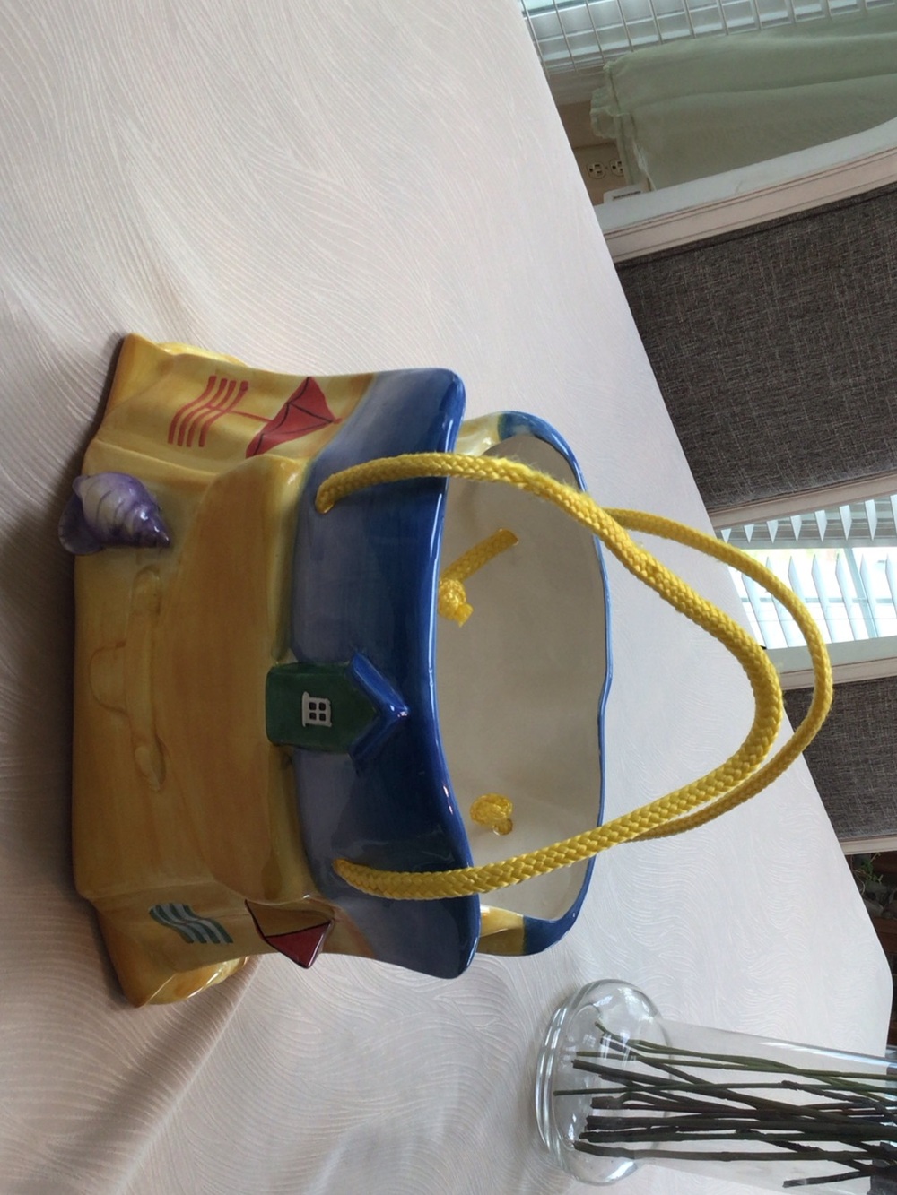Coastal Ceramic Tote Planter in Blue and Yellow with Rope Handles